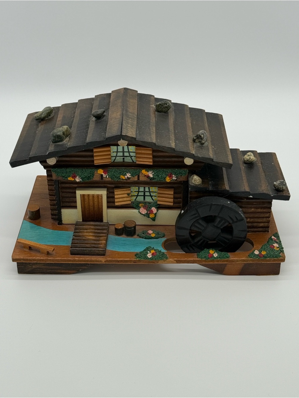 Vintage Handcrafted! Wooden Watermill Chalet Music Box -Brown & Black